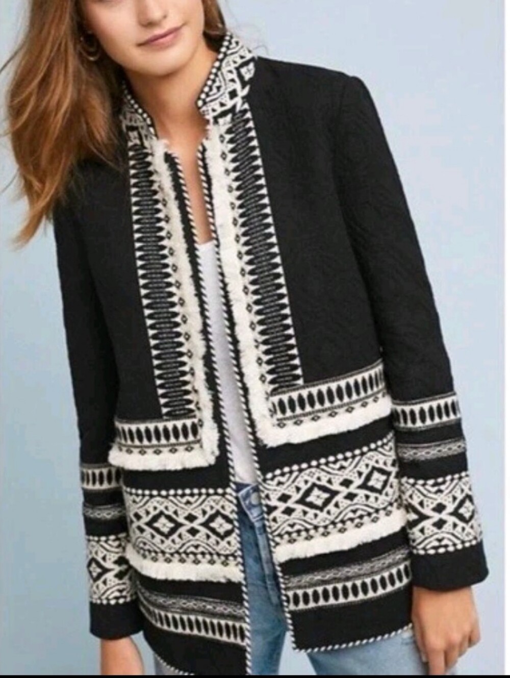 Anthropologie Cartonnier Wonderland Embroidered Open Front Jacket Black Ivory S